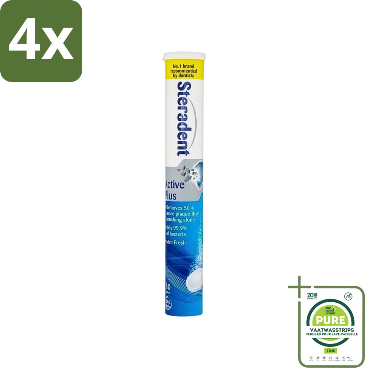 Steradent - Reinigingstabletten - Active Plus - Tegen Tandsteen & Bacteriën - 30 Tabletten - Voordeelverpakking - 4 stuks - Kunstgebit reinigen - Tandsteen verwijderen