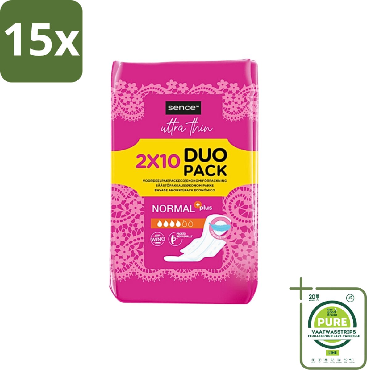 15 x Sence - Normaal - Maandverband - Zonder Vleugels - 2 x 10 Maandverbanden - Grootverpakking - Maandverband - Menstruatie - Normale Menstruatie - Discreet Maandverband - Zonder Vleugels