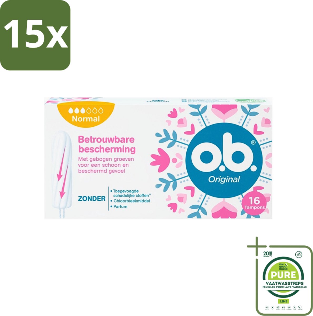 15 x o.b. Tampons - Original Normal - Voor Comfort en Betrouwbare Bescherming - 16 Tampons - Grootverpakking - Tampons - Menstruatiebescherming - Plantaardige Tampons - Chloorvrije Tampons - Parfumvrije Tampons