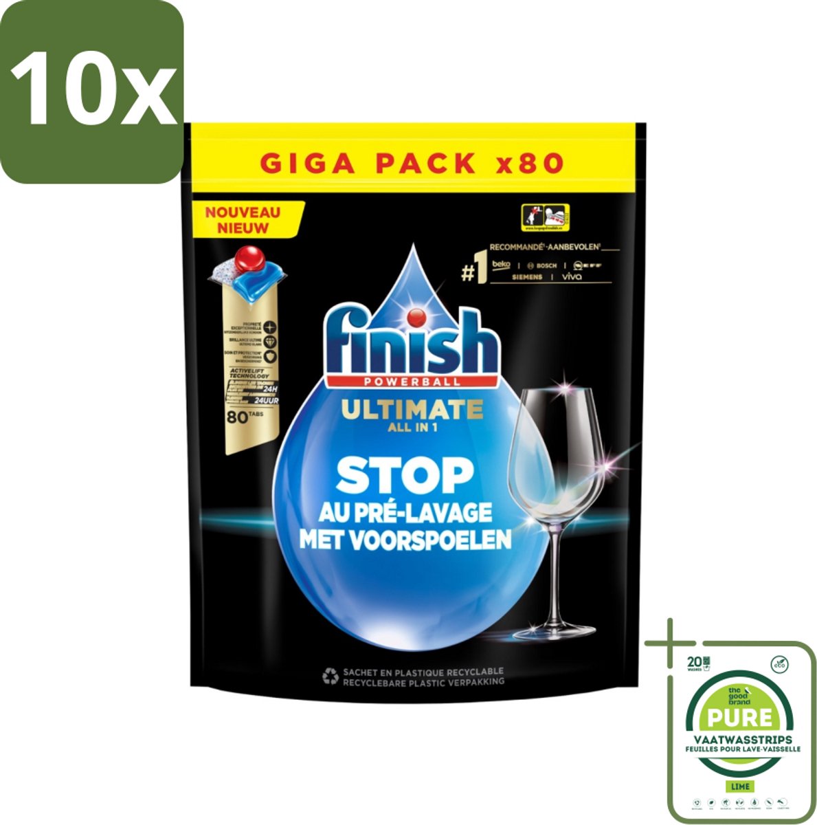 10 x Finish - Powerball - Vaatwasmiddel - Ultieme Alles In 1 - Glansspoelmiddel - 80 Wasbeurten - Grootverpakking - Vaatwasmiddel - Vaatwasmiddel Capsula - Reiniging Vaatwas - Glans Borden - ACTIVLIFT™ Technologie
