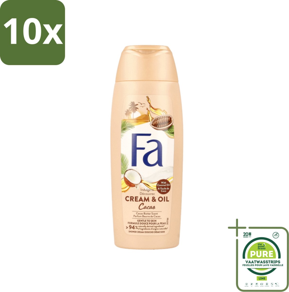 10 x Fa - Douchecrème - Room & Olie Kokosnuss Kakaoboter - Verzachtend & Voedend - 250 ml - Grootverpakking - Douchecrème - Natuurlijke Douchecrème - Verzorgende Douche - Cacaoboter - Kokosnoot