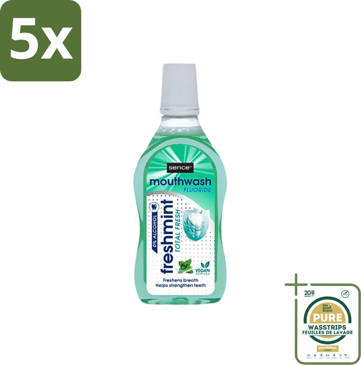 5 x Sence - Fresh Freshmint - Mondwater - Fris & Muntig - 500 ml - Grootverpakking - Mondwater - Mondverzorging - Frisse Adem - Tandplak - Mintsmaak