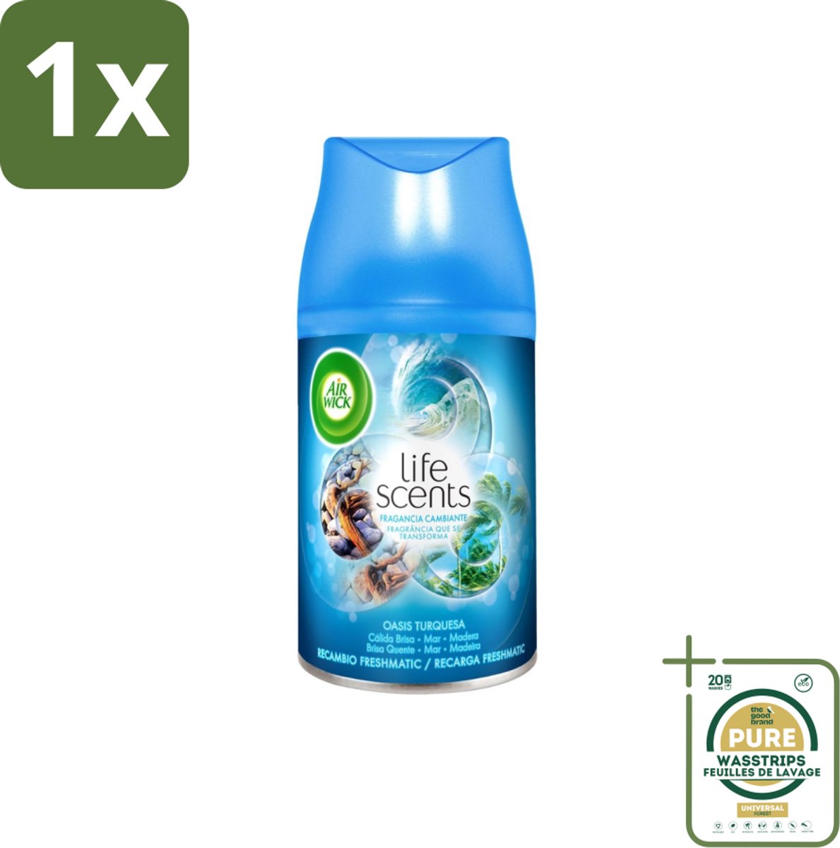 1 x Air Wick - Luchtverfrisser Navulling - Turquoise Oase - Automatische Spray - 250 ml- Luchtverfrisser - Geur - Tropische Geur - Drijfhout - Zeenevel