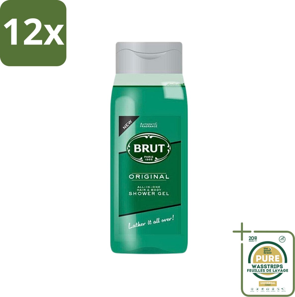 Brut - Douchemiddel - All in One Haar en Body - Original - Verzorgend & Verfrissend - 500ml - Voordeelverpakking - 12 stuks - Brut Original - Verzorgende douchegel