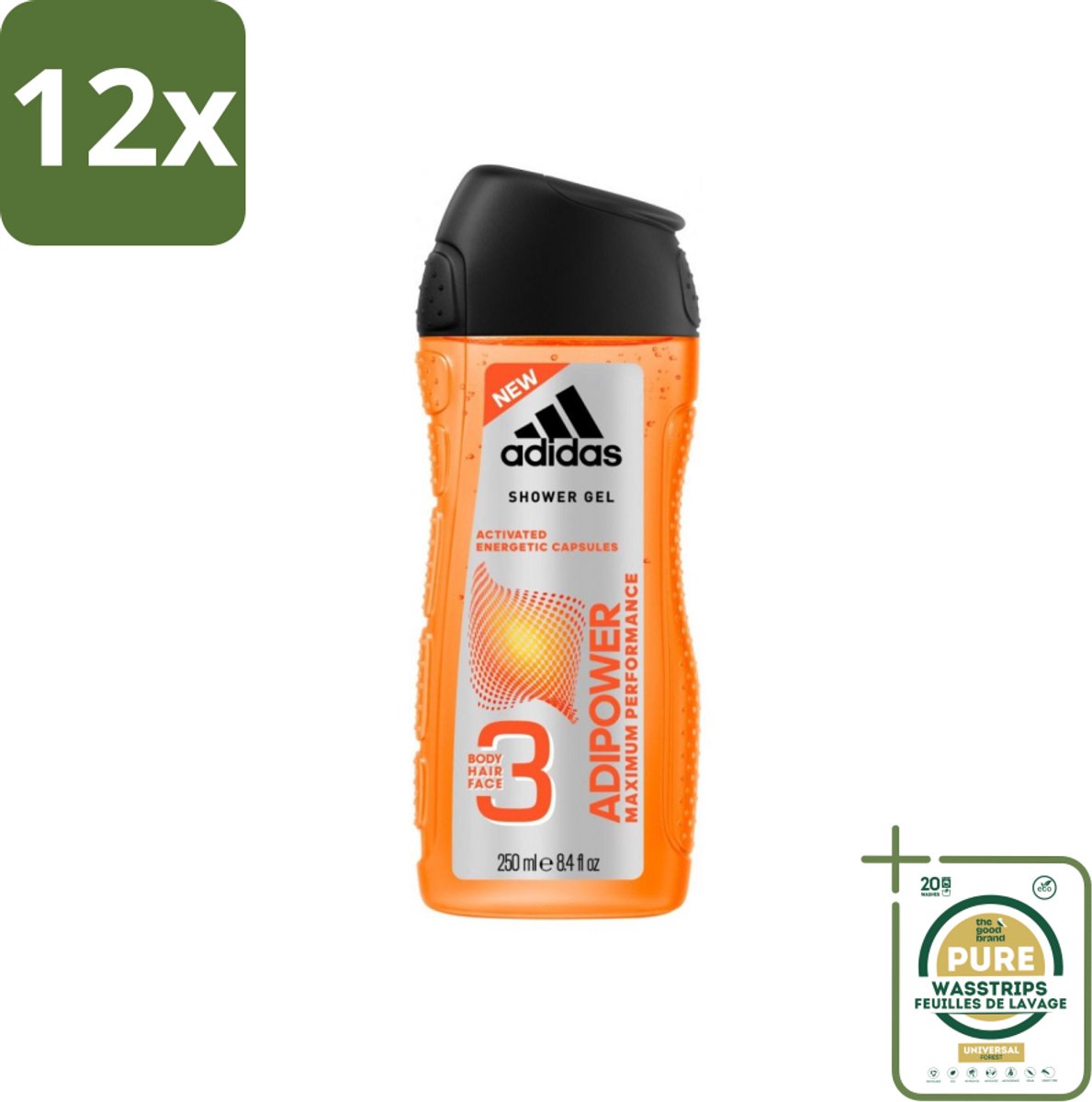 Adidas - 3-in-1 Douchegel - Adipower Maximum Performance -250 ml - Voordeelverpakking - 12 stuks - Sportief haar en huid verzorging - Energiek gevoel