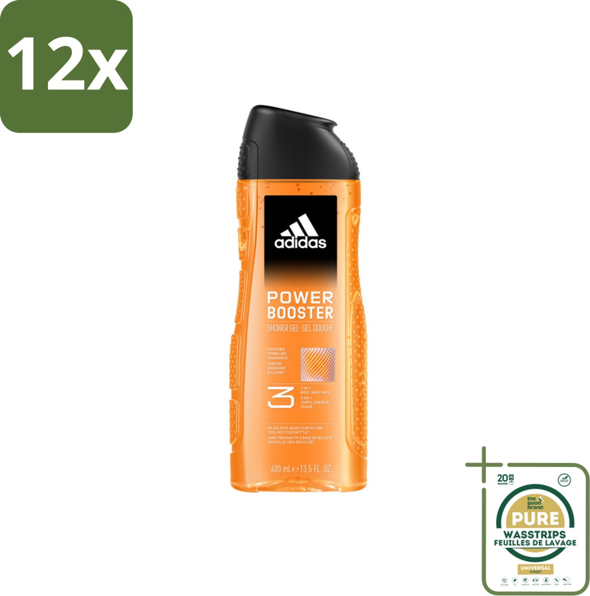 Adidas Shower Gel Power Booster 250 ml - Voordeelverpakking - 12 stuks - Lichaam - Gezicht