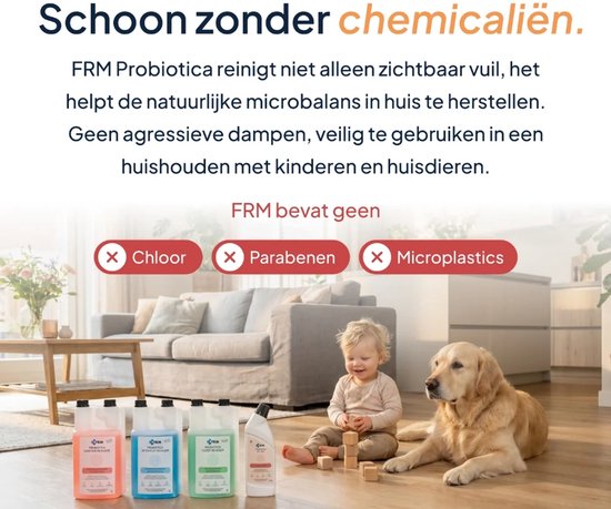 Baby en hond spelen met blokken in een woonkamer. Op de voorgrond staan flessen FRM schoonmaakmiddel. Tekst: "Schoon zonder chemicaliën."