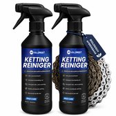 Twee zwarte flessen kettingreiniger van Velorest met blauw etiket, naast een fietsketting. "BIOLOGISCH AFBREEKBAAR" staat op een label.