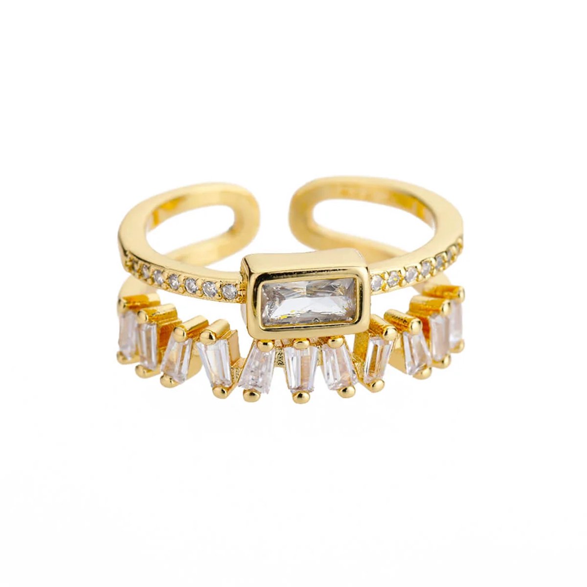 Matthew Studio® Dames Ring - Goudkleurig - Verstelbare Ring - Witte Zirkonia - Dubbele Ring - RVS
