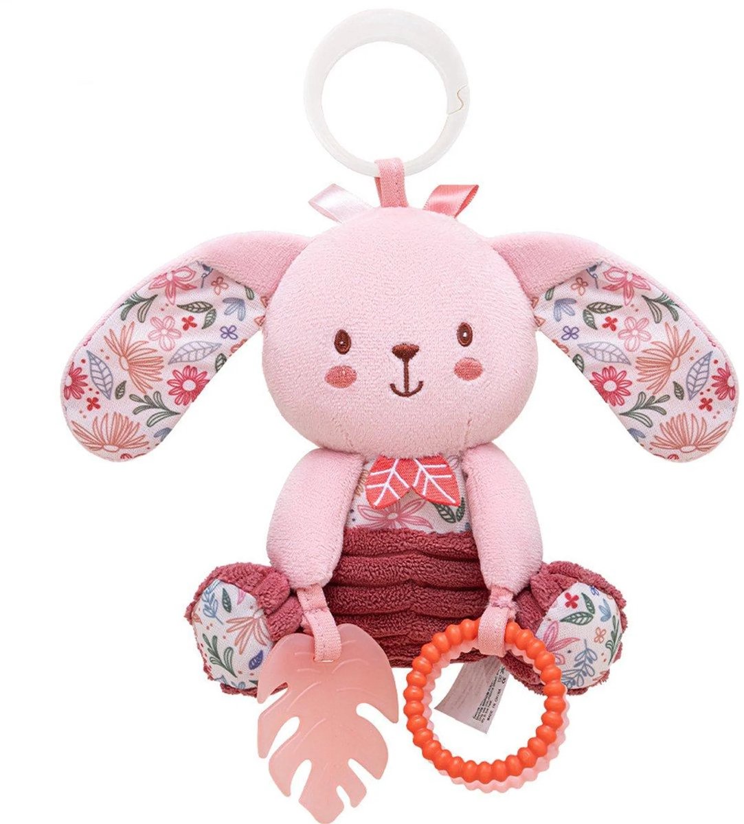 Zacht roze konijn baby pluchen speelgoed - Wagenhanger sensorische rammelaar met bijtring, BPA-vrij, cadeau voor pasgeborenen met muziekdoos en kraakpapier