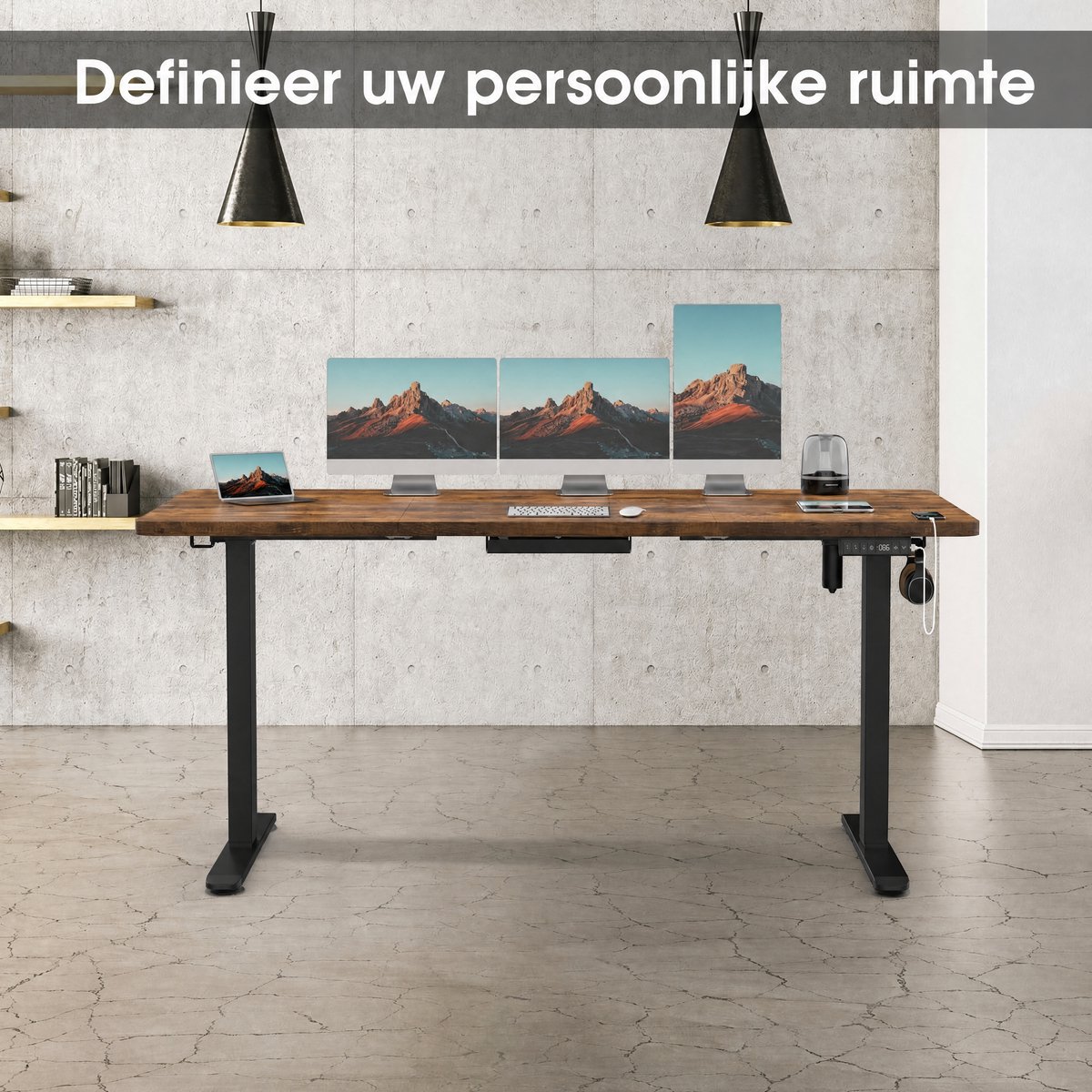 Devoko Elektrisch Zit-Sta Bureau 160x80 cm - 18 mm Bureaublad - Zit-herinnering - USB-poort - Gebrand houtlook/Zwart thumbnail 3