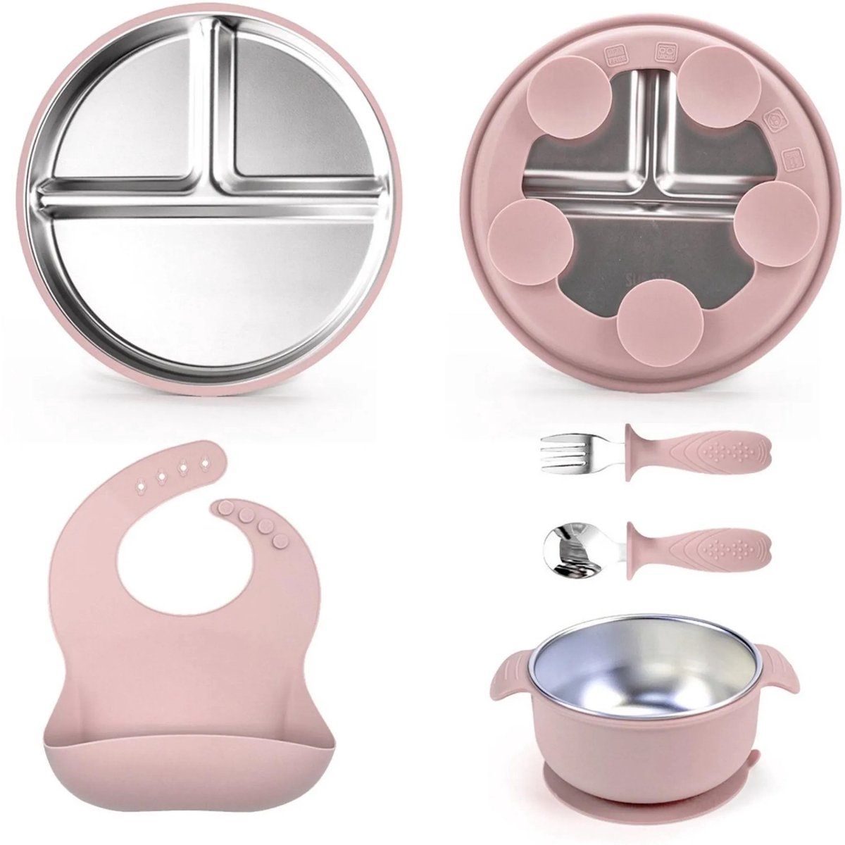 casalora - RVS kinderbord - 5 stuks - Kinderbestekset - Babybord met zuignap - Verjaardagscadeau voor baby's - Doopcadeau - BPA-vrij - Roze