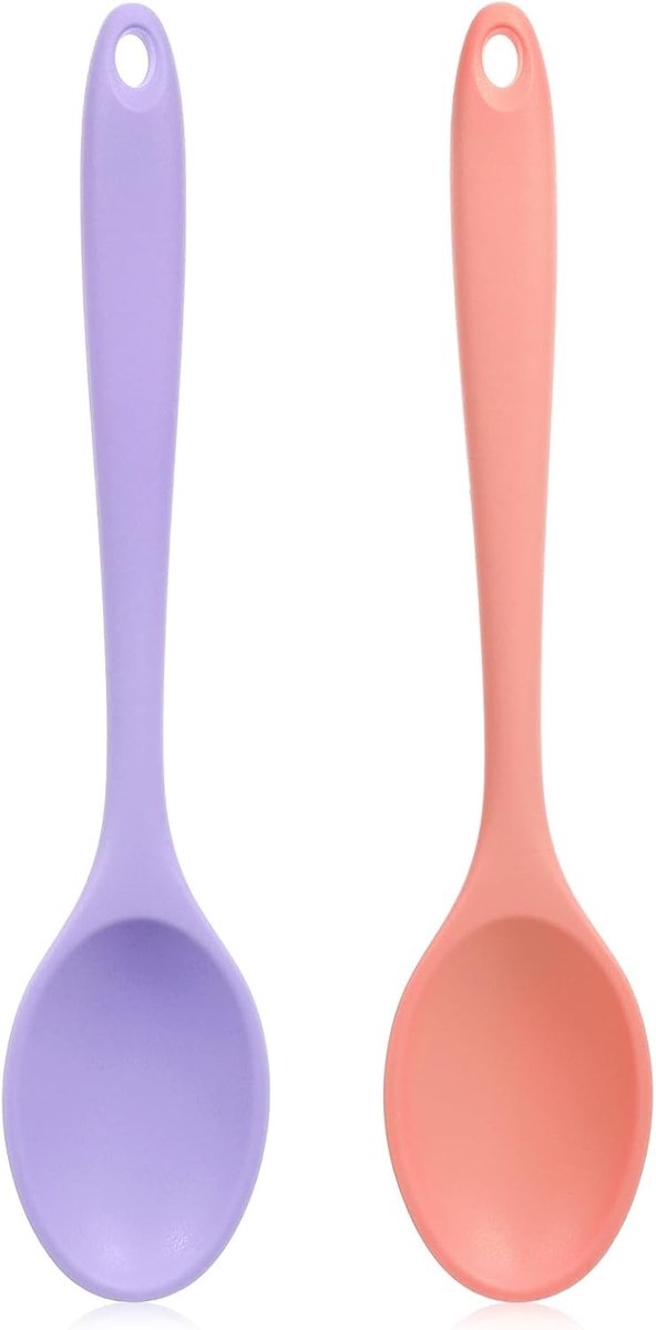 Set van 2 hittebestendige siliconen menglepels van 21 cm voor koken, bakken en serveren van gerechten zoals spaghetti en warme chocolademelk, vaatwasmachinebestendig