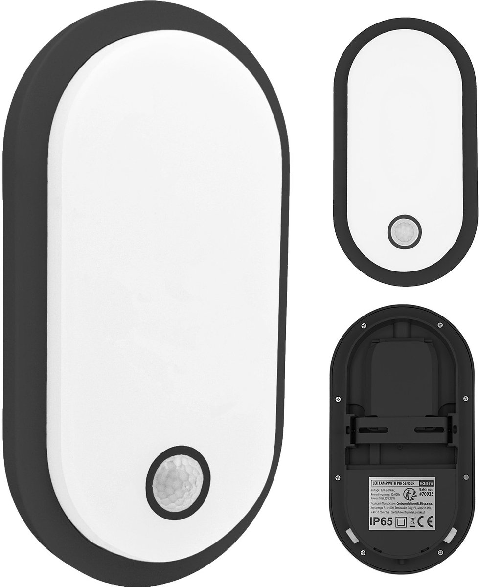 Maclean - LED lamp met bewegingssensor, zwart, 10 W/15 W/18 W, IP65, instelbare kleurtemperatuur 3000/4000/6000 K, MCE534 B