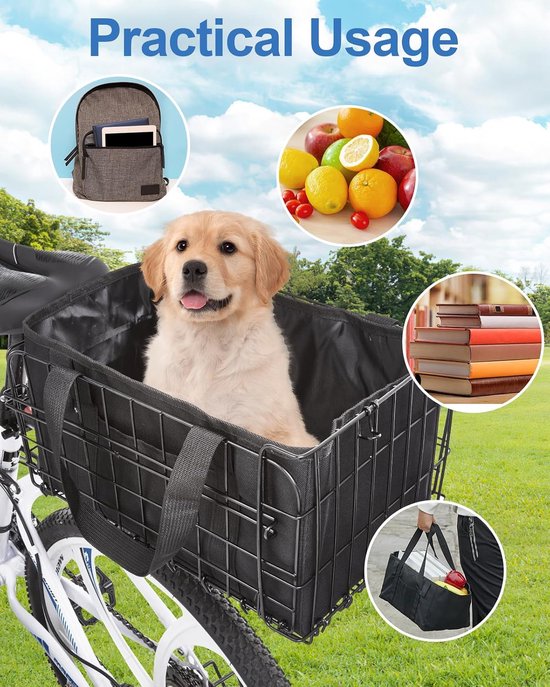 Deze fietsmand voor achterop de fiets is een opvouwbare metalen mand met een grote capaciteit en een snelsluitingssysteem, geschikt voor volwassenen en mannen. Je kunt er huisdieren, fruit en boodschappen in vervoeren. van Merkloos — afbeelding 4