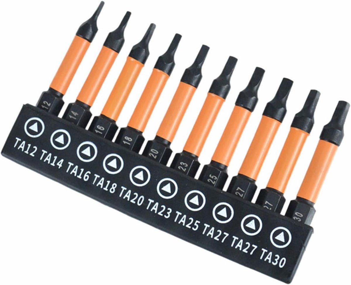 Set van 10 driehoekige schroevendraaierbits met ergonomische handgreep voor eenvoudige huishoudelijke reparaties en klussen
