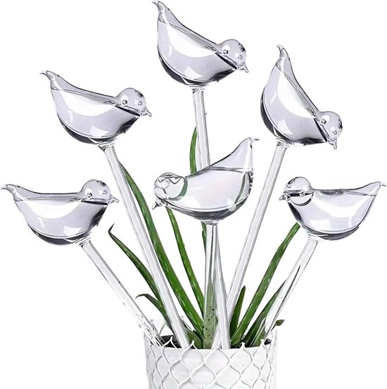 Verpakking van 10 transparante, vogelvormige, zelfwaterende glazen bollen, Geschikt voor het bewateren van kamerplanten, tuinstekken en bloemen.