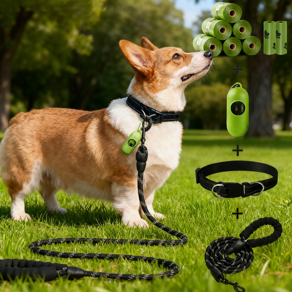 OUYLAF 11 stuks - Dierenbenodigdheden - Halsband - Hondenriem - hondenpoepzakjes - Hondenpoepzakjes houder - Zwart + Groen