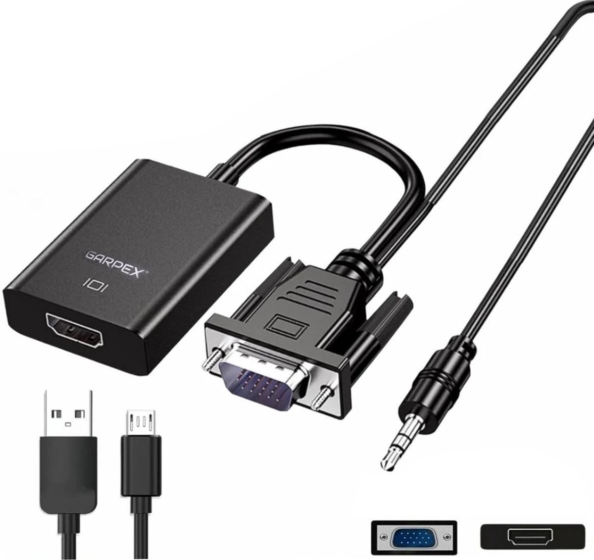 Garpex® VGA naar HDMI Adapter Converter - Universeel met 3.5mm Jack AUX & USB Voeding Kabel - Analoog naar Digitaal Video Omvormer - Male to Female - 1080p Full HD - Inclusief USB voedingskabel
