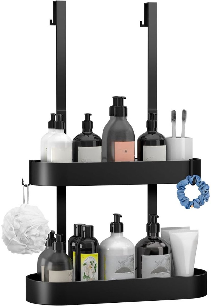 KIRA® Doucherek - Zonder Boren - RVS Doucherek - Zwart - 33cm x 12cm x 6cm