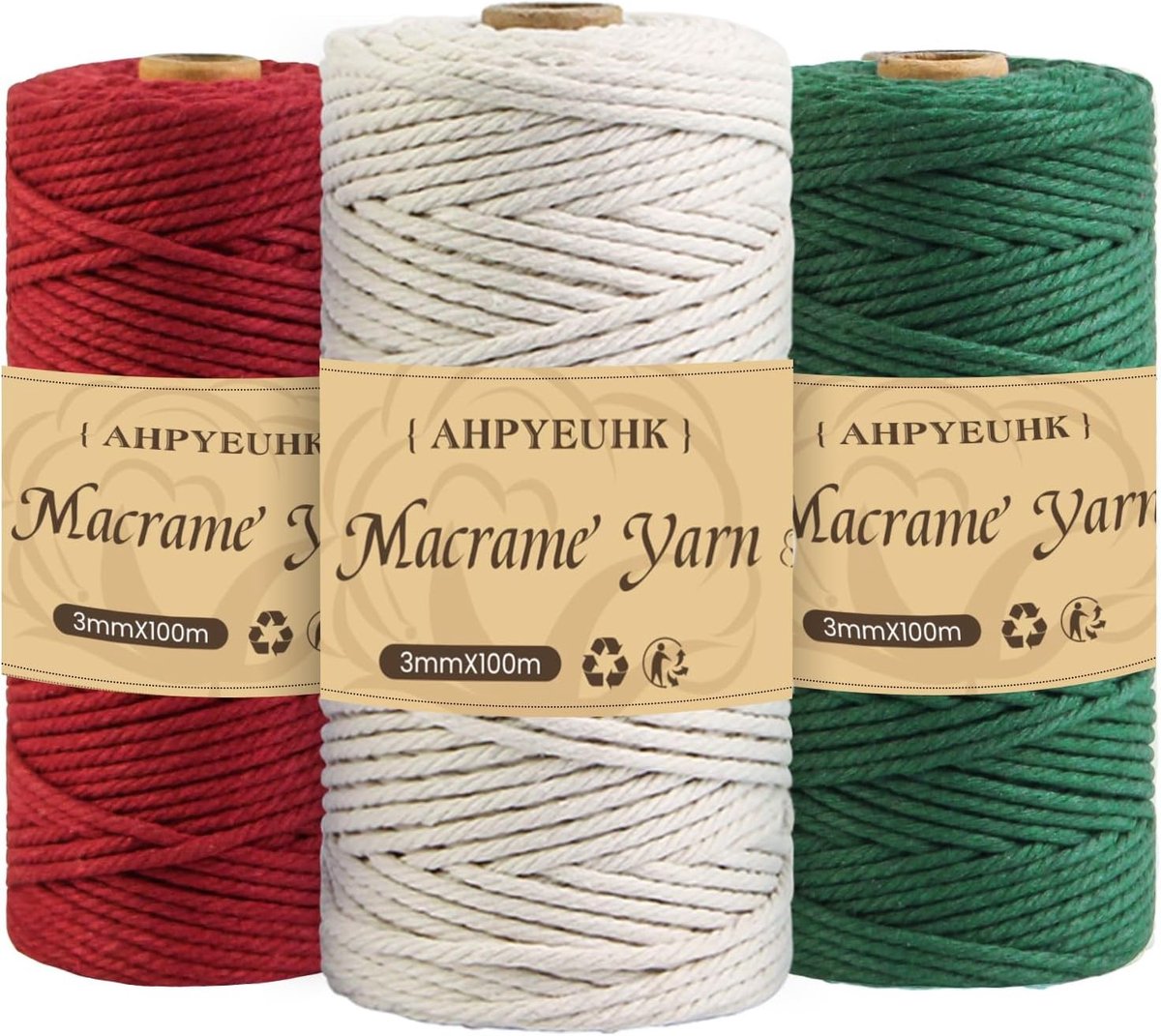 3 mm Macramé Draad 100 m - 3 Stuks Katoenen Macramé Touw voor DIY Creaties, Knopen, Boho Decoratie, Droomvangers en Wandversiering in Donkergroen