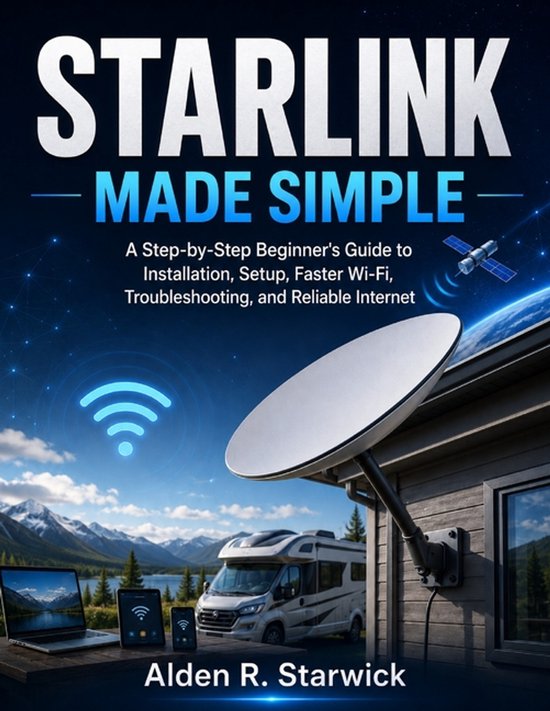 Couverture du livre Starlink Made Simple avec une antenne satellite, un camping-car et des appareils sur une table.