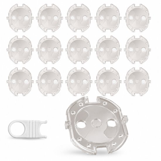 Vue d'ensemble de 16 protecteurs de prise CUCUBI transparents et de 1 outil de retrait.