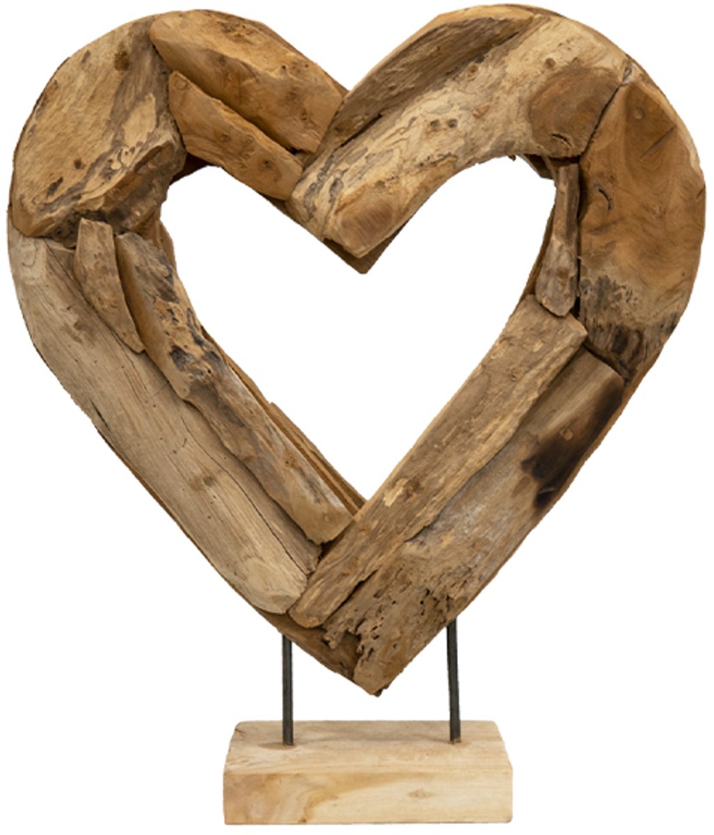 JoJo Living Woonaccessoires - Ornament - Teakhouten open hart op voet - Maat S - Hoogte 37 cm - Handgesneden - Handgemaakt