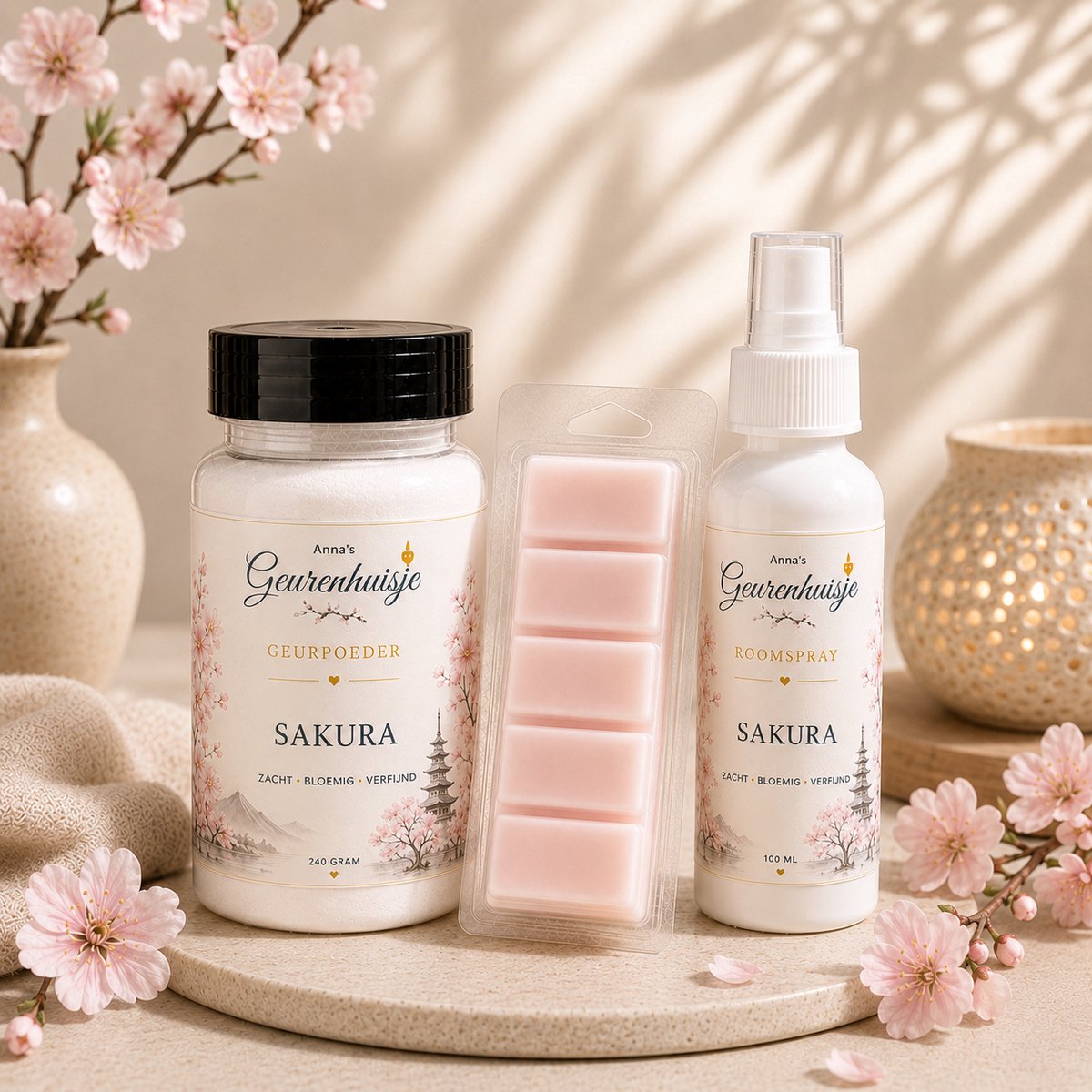 Anna's Geurenhuisje - Geurpakket Sakura - Waxmelts - Geurpoeder - Roomspray - Handmade - 3 delig - Dierproefvrij - Huisparfum
