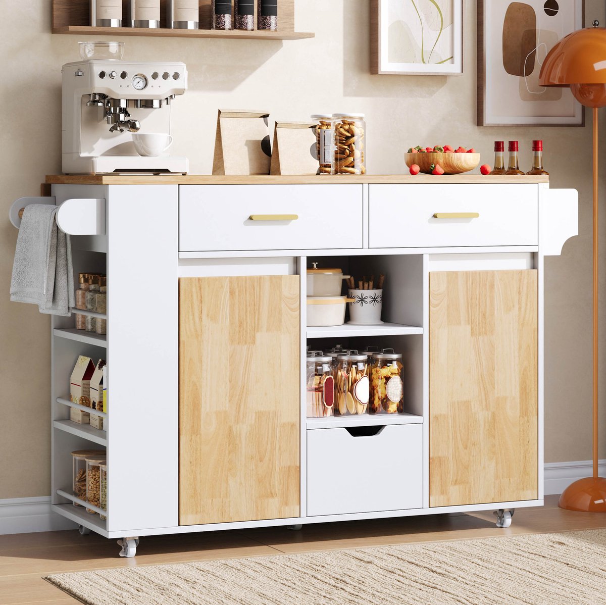 OKWISH Keukenkast Keukenwagen Met Inklapbaar Werkblad 3 Lades 3 Laags Kruidenrek Wielen Met Rem Wit MDF 120x71x90 Cm