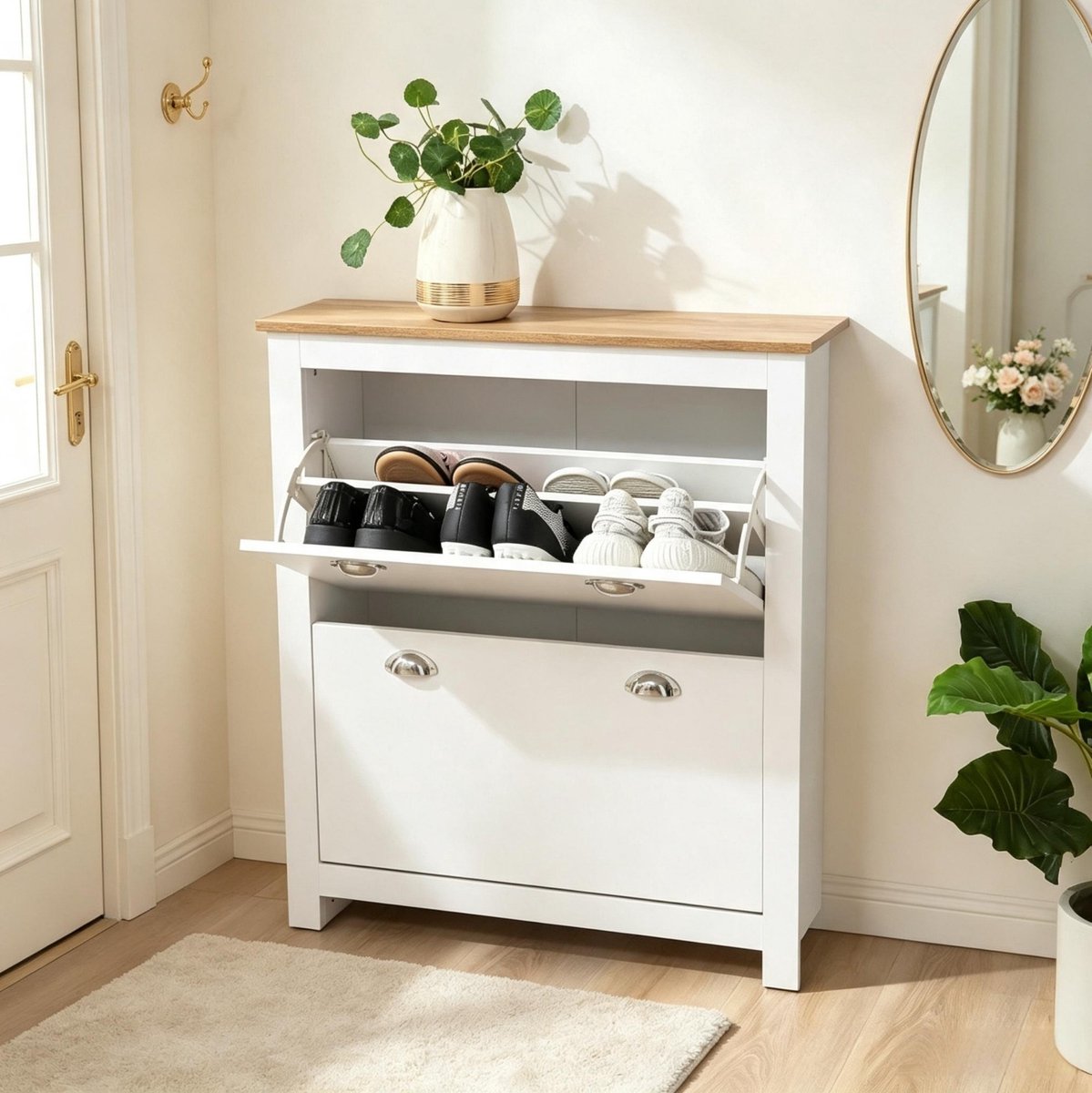 Schoenenkast Met Kleppen En Opbergruimte - Modern Tweekleurig Eiken En Wit Design - Staand Rek Voor Hal En Gang - MDF - 79x23x90,5 Cm