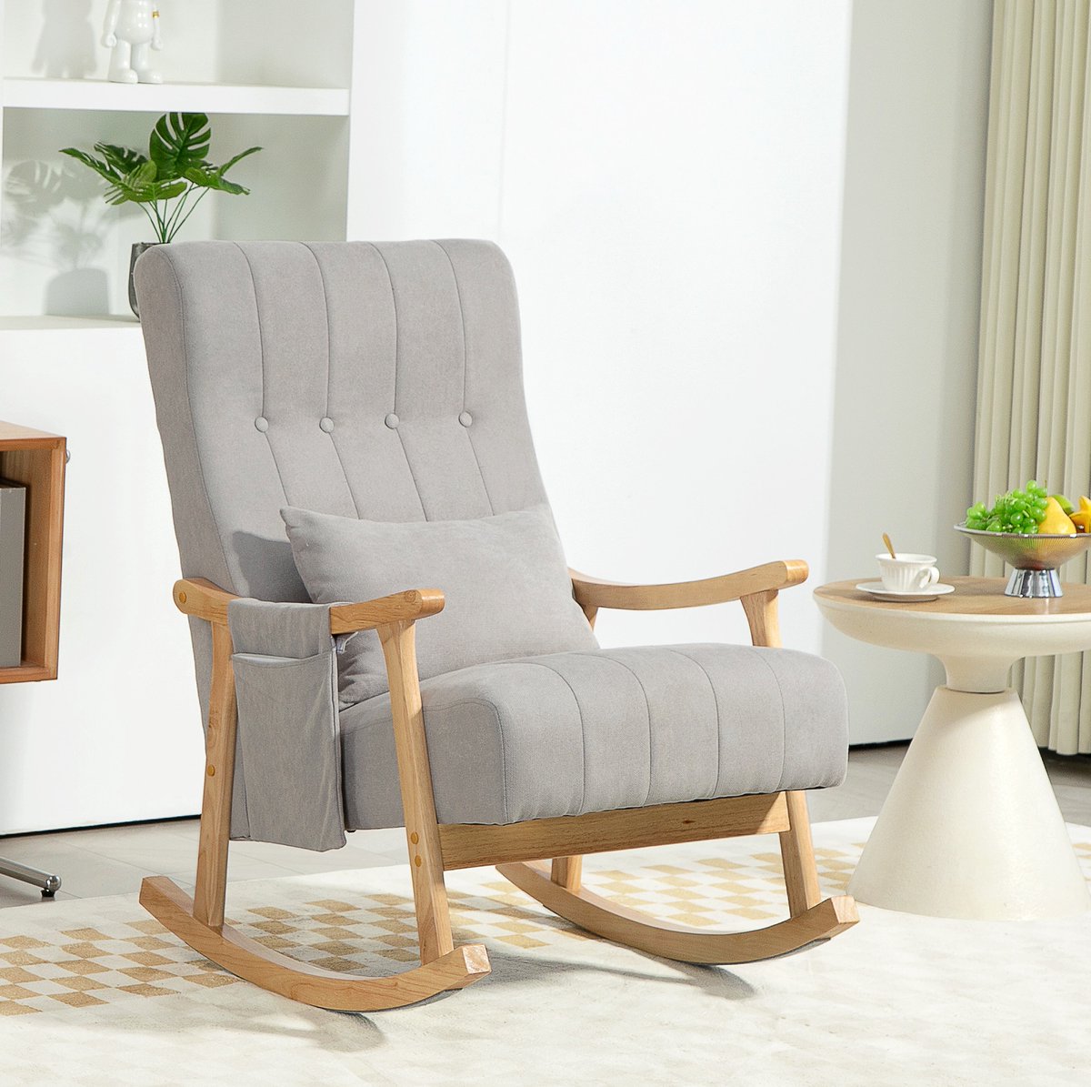 REDOM - Schommelstoel - Gevoerde zitting - Houten frame - Lendekussen - Scandinavische stijl - Woonkamer en slaapkamer - Stof - 65 x 90 x 98 cm
