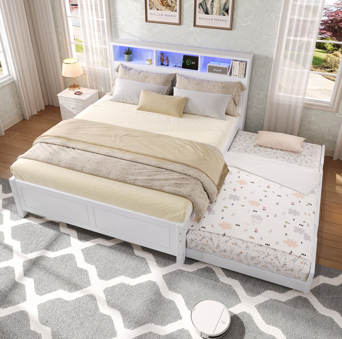 Wishdor Bed 120x200 cm - Hoofdbord met opbergruimte en verlichting - Met laadpunt en uitrolbed - Wit hout en MDF - Slaapkamer logeerkamer volwassenen