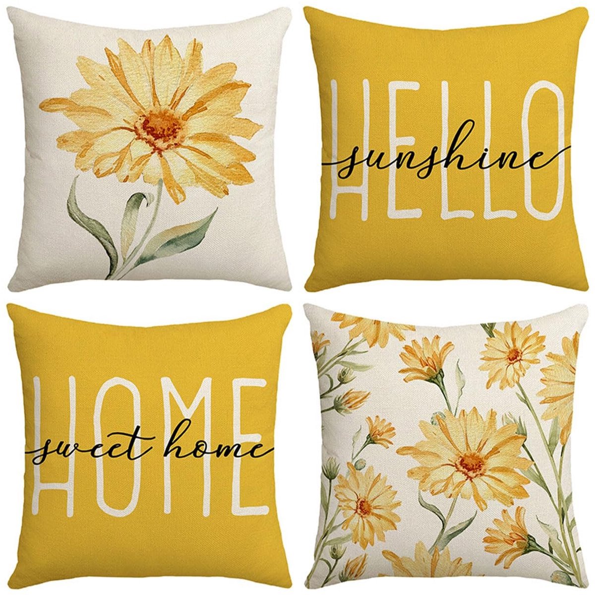 Elzusha - Set van 4 Kussenhoezen - 45x45 cm Linnen met Bloemenpatroon in Geel