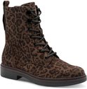 Bruine veterlaars met luipaardprint. Zwarte veters, metalen veterogen en ritssluiting.