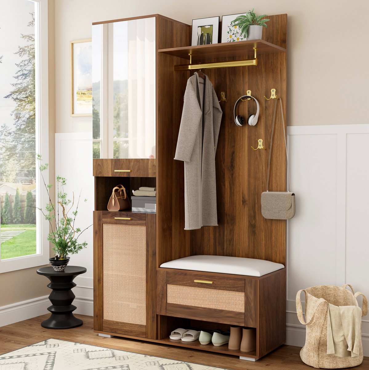 Wishdor Halmeubel - Garderobeset met spiegel en led - 6 gouden haken en schoenenkast - Design - Hal entree gang - Walnoot wit - 110 x 38 x 190 cm