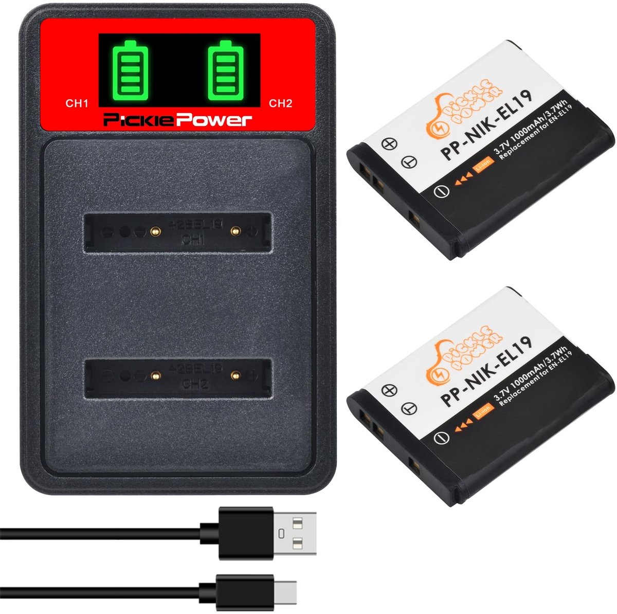 Elzusha - 2x EN-EL19 Batterij & LED Dual Charger voor Nikon Camera