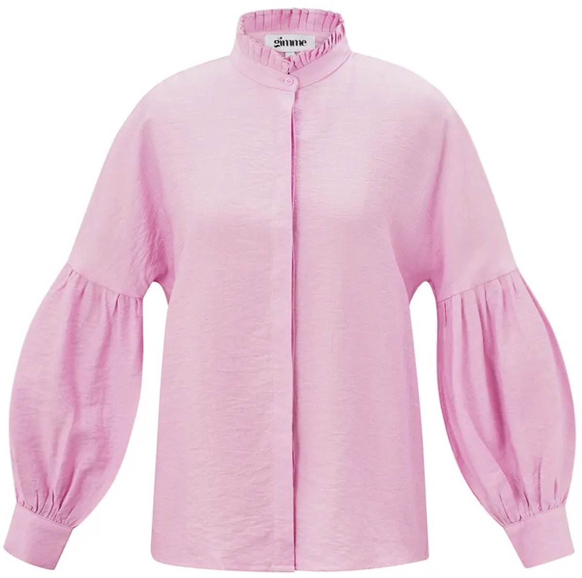 Elegant Viscose Vrouwen Overhemd met Pofmouwen en Hoge Kraag - Roze - Maat S