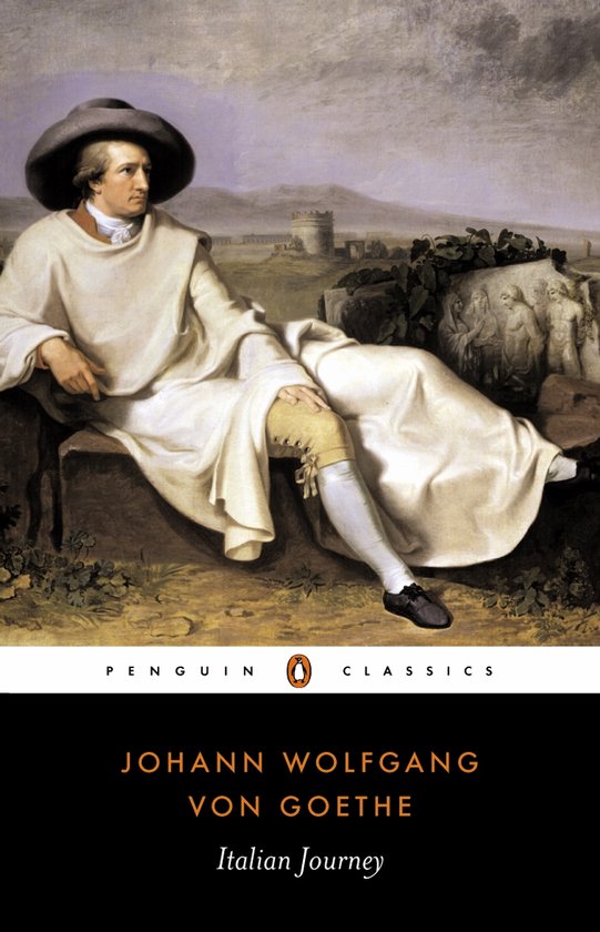 Livre "Italian Journey" de Johann Wolfgang von Goethe, avec une peinture d'un homme en tenue blanche et un chapeau sur la couverture.