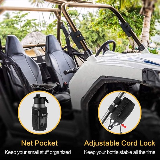 Fiets bidonhouder - bekerhouder - opvouwbaar - Tactische waterfles Pouch - Camping Reizen Sport - Geschikt voor fiets,scooter en rolstoel , golfkar en strand - met netvak en koordvergrendeling - zwart — afbeelding 3