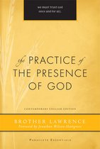 Boek 'The Practice of the Presence of God' in het Engels, met een gele omslag en tekst in zwart en wit. Gravures van korenaren aan de zijkant.