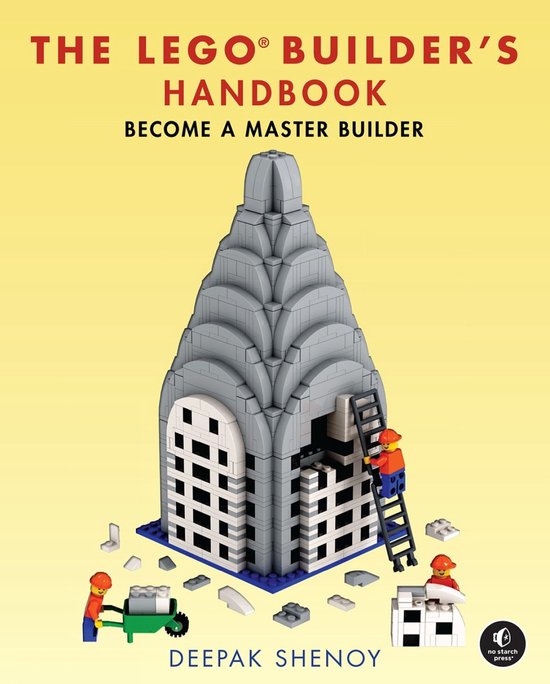 De cover van 'The LEGO Builder's Handbook', met een LEGO-gebouw in Chrysler Building-stijl, twee LEGO-figuren en een ladder.