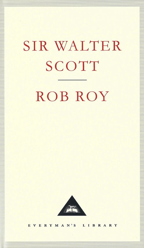 Boek "Rob Roy" van Sir Walter Scott, met rode tekst op een crème kaft. Onder de titel een zwarte lijn en een zwart driehoekig logo van Everyman's Library.