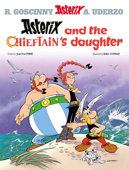 Asterix en de dochter van de hoofdman', geschreven door Jean-Yves Ferri, geïllustreerd door Didier Conrad. Obelix, Dogmatix en een meisje met rood haar op een strand.