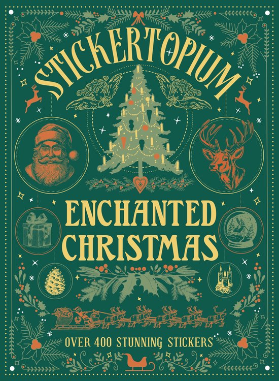 Groen boek met gouden opdruk 'Stickertopium Enchanted Christmas', kerstboom, Sinterklaas en rendier.