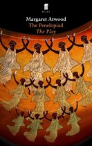 Boekomslag van 'The Penelopiad The Play' met een patroon van dansende figuren in witte gewaden op een oranje achtergrond.