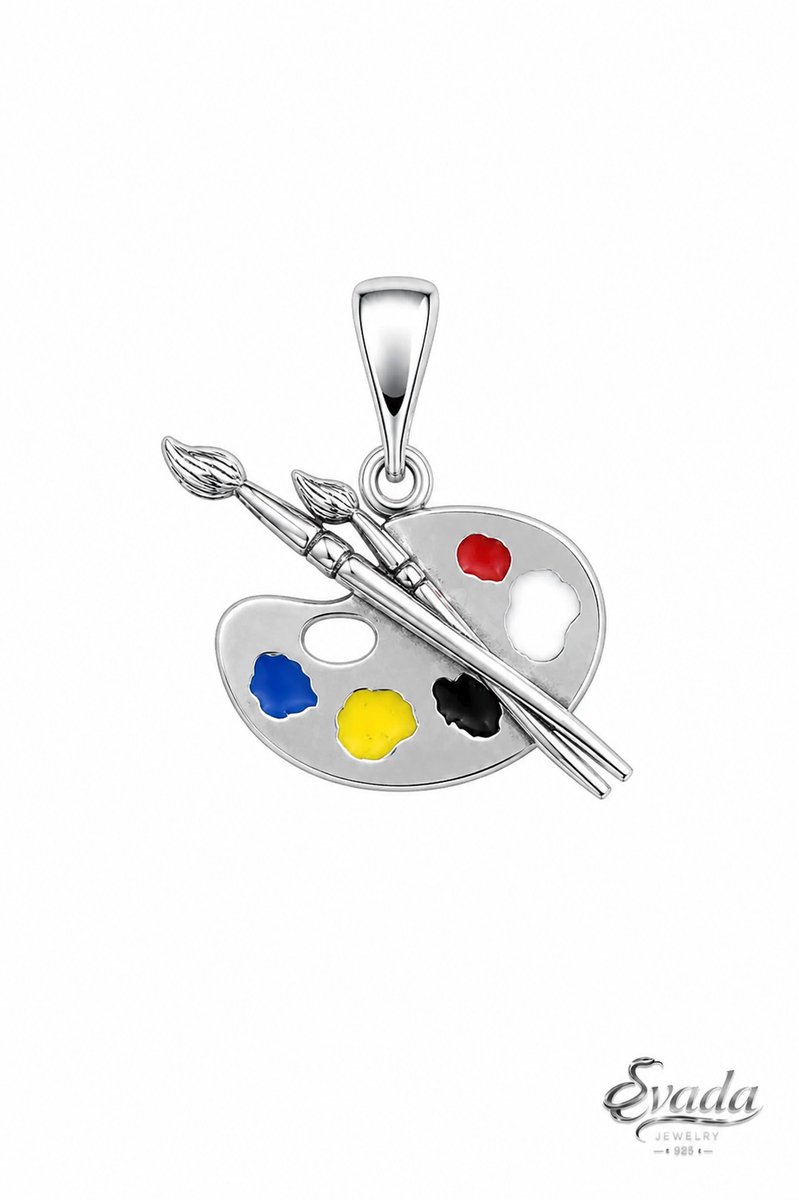 EVADA Jewelry 925 Sterling Zilver Hanger – Schilderspalet met Penselen – Kleurrijke Kunst Hanger, schilder hanger, creatieve sieraden, cadeau voor kunstenaar.