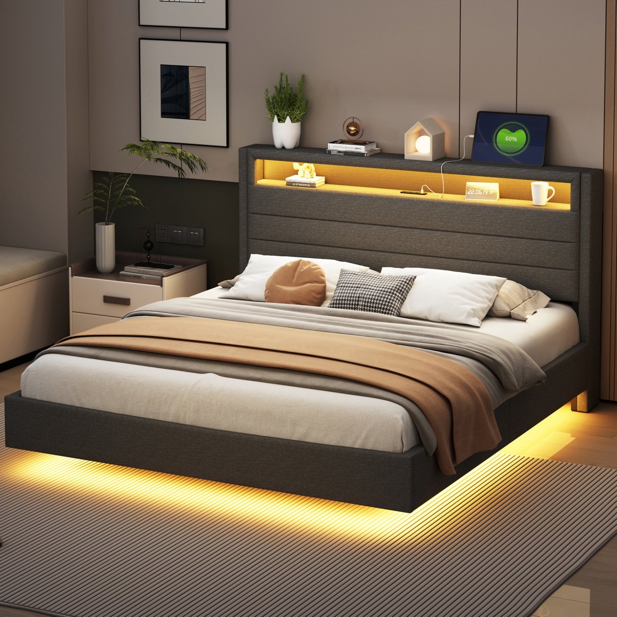 MEUNIQ gestoffeerd bed 160x200 cm met USB-aansluiting, LED-verlichting, draaibaar hoofdbord met opbergruimte en lattenbodem voor slaapkamer, grijs