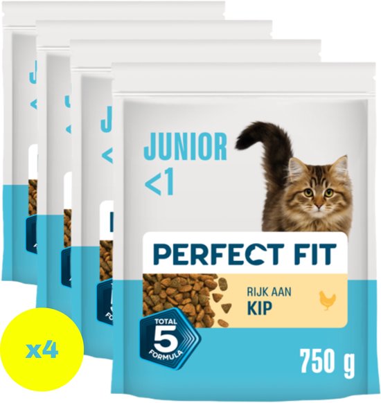 Vier zakken Perfect Fit Junior kattenvoer met kip. Op de voorkant een jonge kat, tekst 'Junior <1' en 'Rijk aan Kip'.