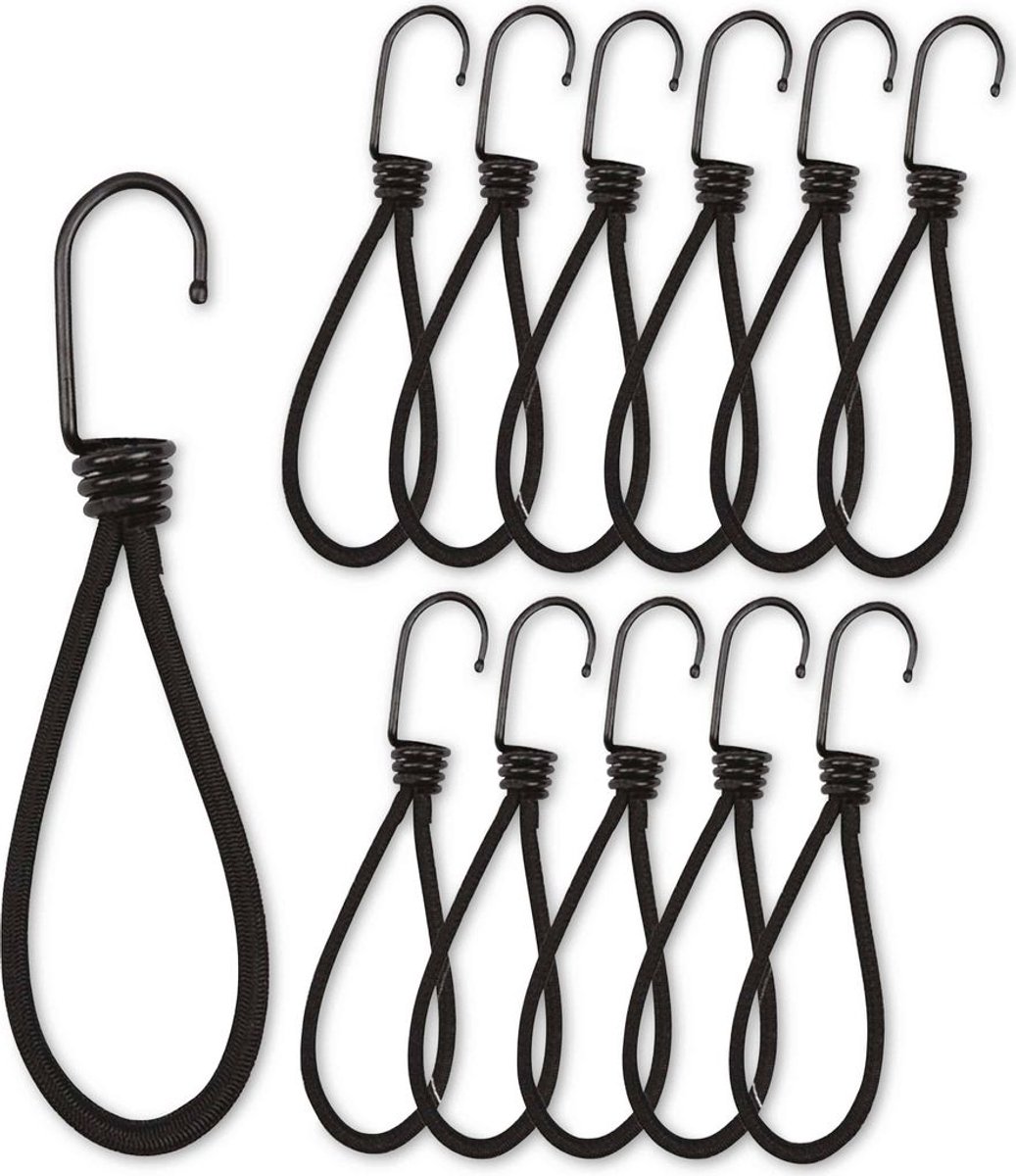 12x spanelastiek met haak - 20cmx6mm - 50% rek - Spandoek elastiek - Spanband - Vracht vastmaken - Elastische bevestiging - Bungee cord - Shock cord - Tarp spanners - Cargo strap - Zwart - Jonyx